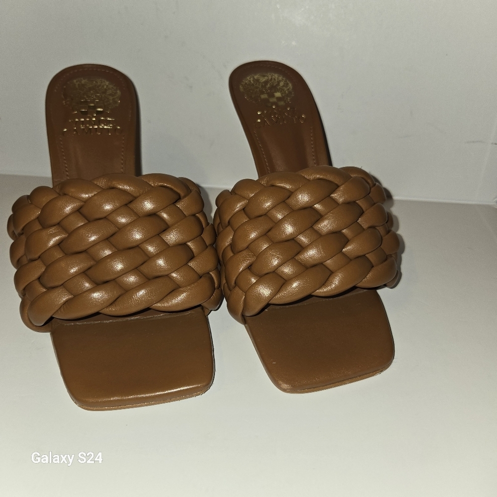 Vince Camuto Brinela Mule Heels | Barn Brown Woven Leather |Square Toe - Picture 3 of 7